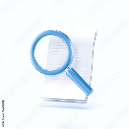 3D Document Review Icon with Magnifying Glass