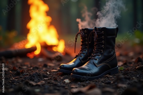 Soaked boots steaming near crackling campfire flames , orange, element