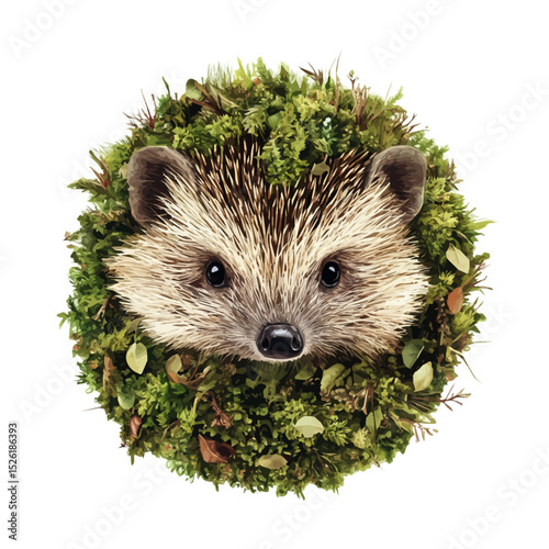 Baby Hedgehog Moss Petals 2D flat vector illustration, isolated on a white background.