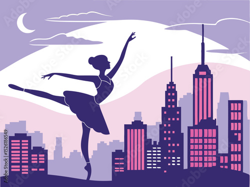 Ballet dancer silhouette performing in new york city against a sky background and skyscrapers
