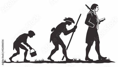 Black and white graphic depicting stages of historical evolution silhouette illustrations with transparency