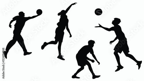 Dynamic basketball players silhouetted in action catching passing and dribbling on white background