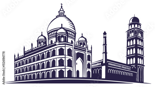 Detailed vector illustration of a monumental taj mahal landmark with architectural elegance in a clean design