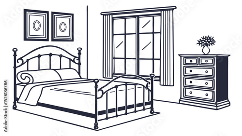 Elegant bedroom illustration featuring bed dresser window and wall art suitable for design projects