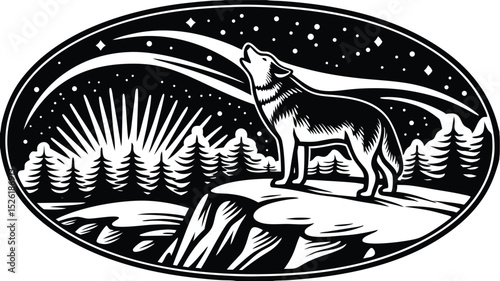 Majestic black and white silhouette of a howling wolf under a starry night sky in oval frame