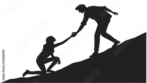 Silhouette illustration of a helping hand offering support to a person struggling to climb uphill