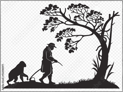 Silhouette illustration of gardener ape under tree with transparency suitable for versatile design projects