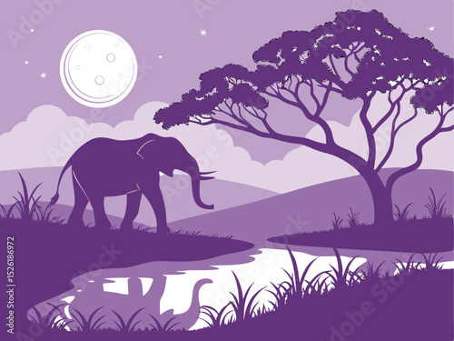 Silhouette illustration of elephant walking near river under a night sky in purple tones