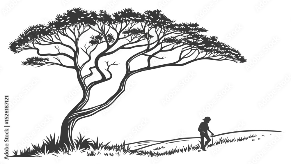 Fototapeta premium Silhouette of a lone person hiking near a large tree on a grassy hill with clean line art.