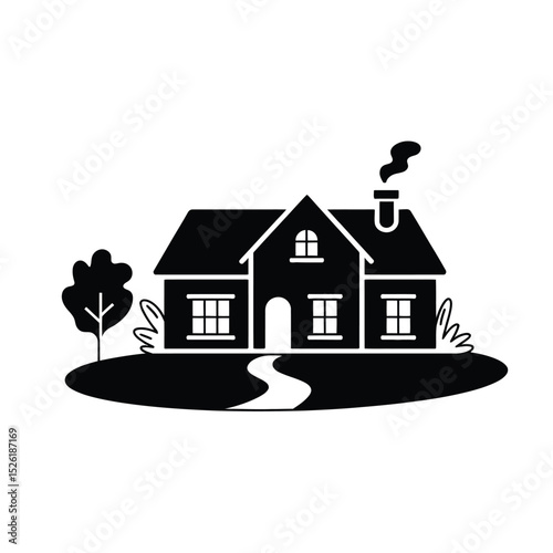 Charming Suburban House Illustration Black and White Home Icon