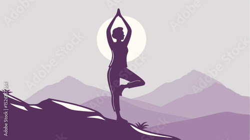 Silhouette of a woman performing yoga tree pose against a landscape and soft background