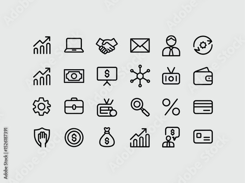 Black Outline Set of Business and Finance Icons Isolated on Transparent Background