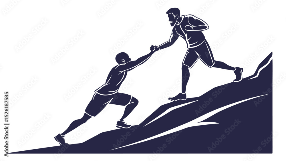 Fototapeta premium Teamwork and support symbolized by two men helping each other climb a mountain successfully