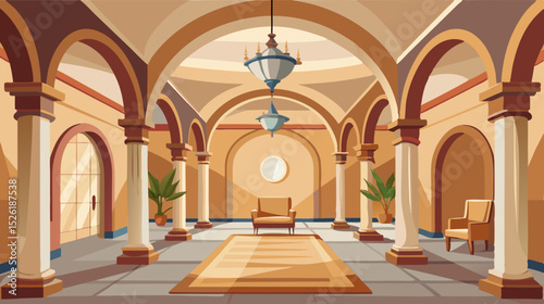 interior of church Elegant Arched Hallway Interior Illustration with Classical Design