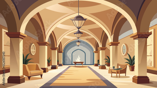 interior of church Elegant Arched Hallway Interior Illustration with Classical Design