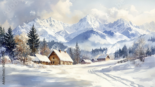 serene winter landscape featuring snow covered mountains, cozy cottages, and evergreen trees