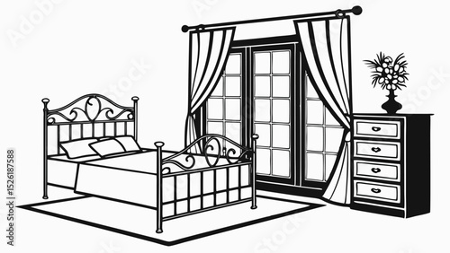 Vector illustration of a bedroom interior featuring a bed window and decorative elements with transparency.