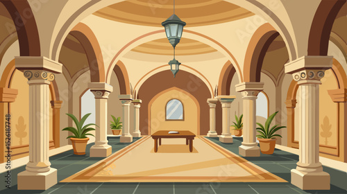 interior of church Elegant Arched Hallway Interior Illustration with Classical Design