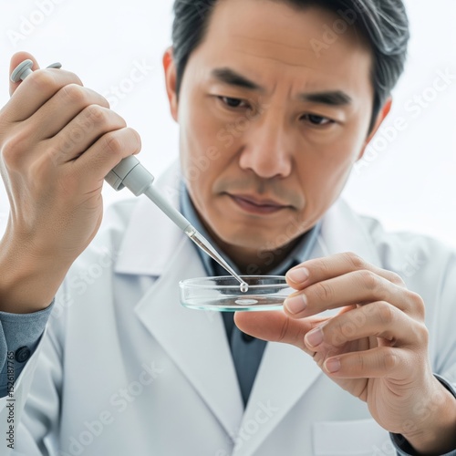 Scientist or chemist with petri dish. A medical or agricultural scientis, chemist or researcher holding a petri dish and pipet with clear fluid. Focus to dish and hands photo