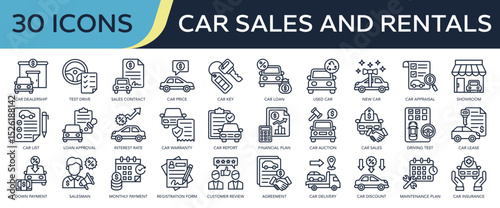 Collection of Car sales and rental icons, related to car dealership, car insurance, car sales, showroom, car loan and more. Outline icons vector illustation.