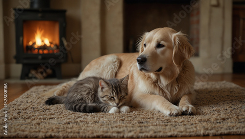 An old golden retriever and a gray kitten lie on the carpet next to each other.