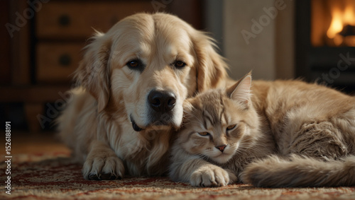 An old golden retriever and a gray kitten lie on the carpet next to each other.