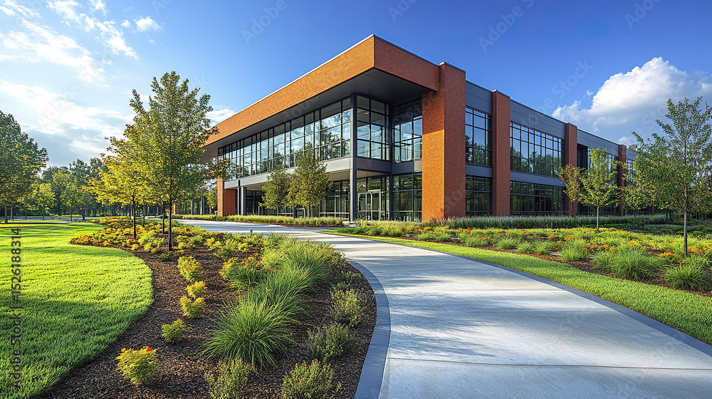 Fototapeta premium modern school building exterior surrounded by lush greenery and clear blue sky