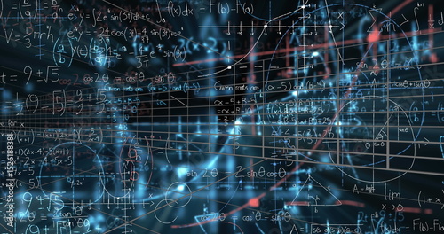Image of digital screen with data and math formulas on black background