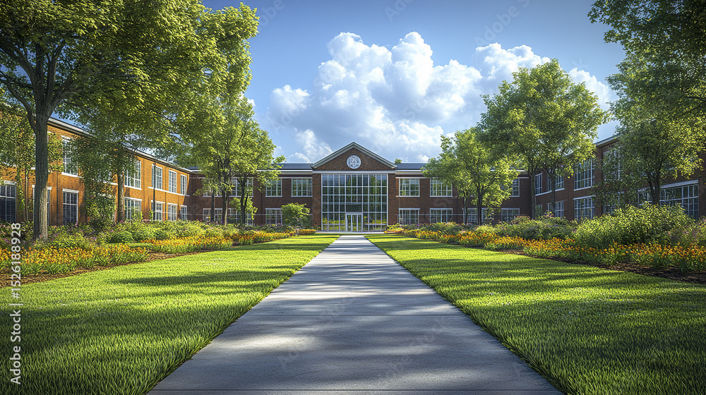 Fototapeta premium beautiful public school building surrounded by lush greenery and vibrant flowers