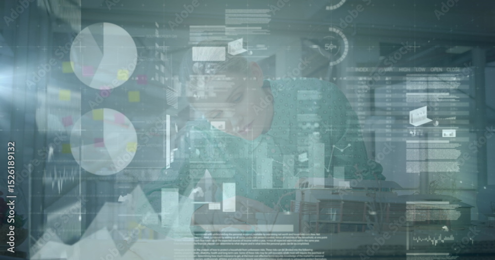 Fototapeta premium Image of various digital data moving over focused caucasian businesswoman working in office