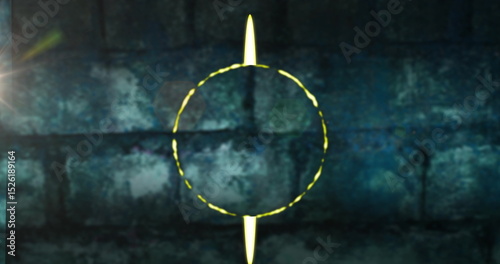 Image of neon circle over dark green brick wall
