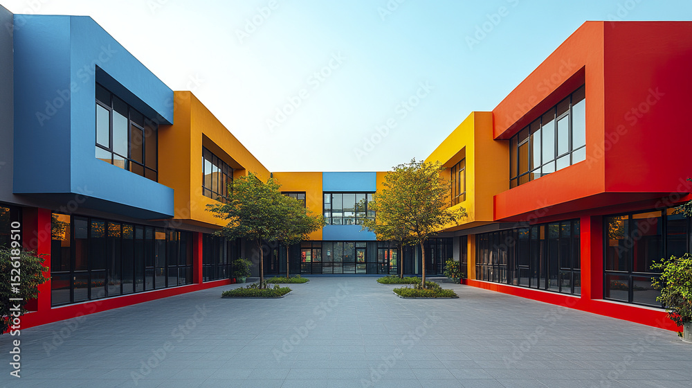 Fototapeta premium Modern school buildings with vibrant colors create inviting atmosphere for learning