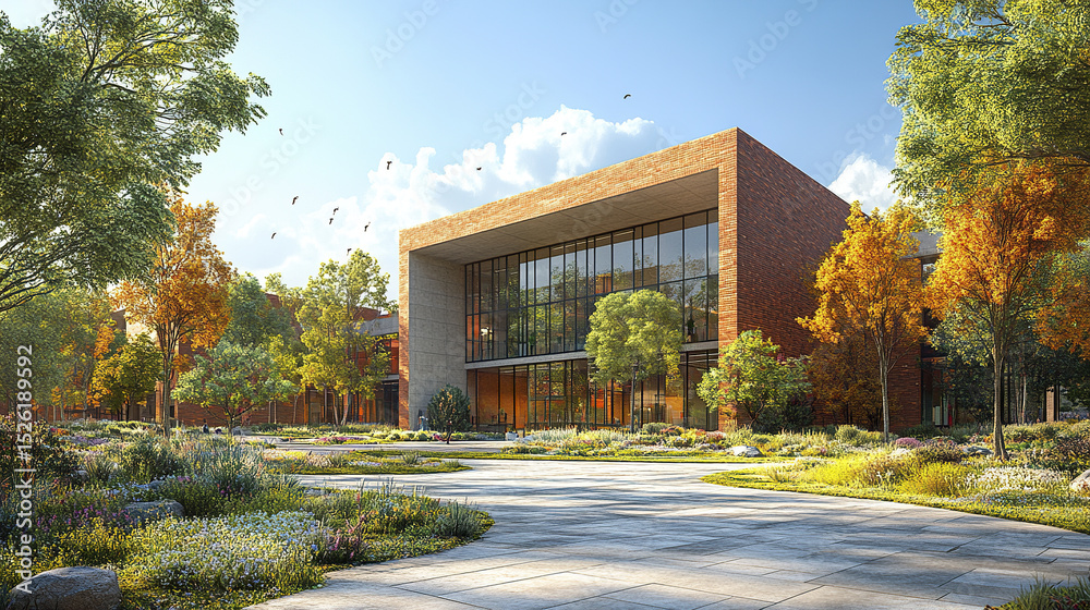 Obraz premium Modern architectural view of school building surrounded by vibrant nature and greenery