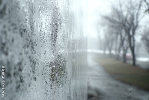 Foggy day with textured surface in focus, showing residual moisture on wall, while blurred trees and path create serene atmosphere