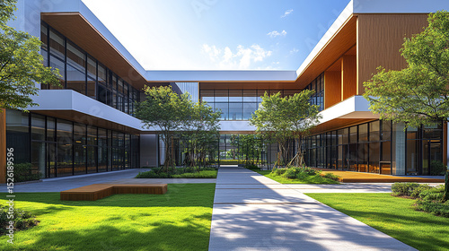 Modern architectural view of school buildings with green landscaping and clear blue sky