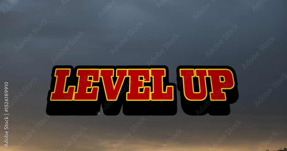 Obraz premium Image of level up text banner against sunset sky