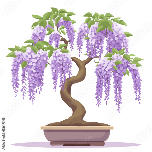 2D flat vector illustration of A Wisteria Bonsai, isolated on a white background.