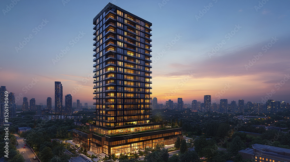 Obraz premium Modern skyscraper illuminated at sunset, showcasing urban architecture and design