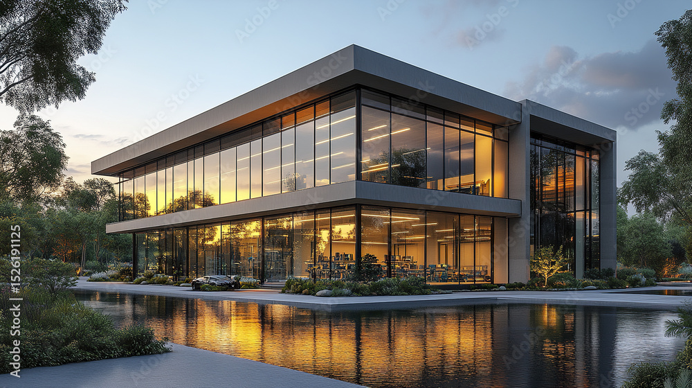 Fototapeta premium Modern commercial facility with large glass windows reflecting sunset over water