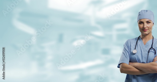 Standing surgeon folding arms in operating room, with stethoscope and surgical attire, copy space Free Download Standing surgeon folding arms in operating room, with stethoscope and surgical attire, copy space - GFXLoad