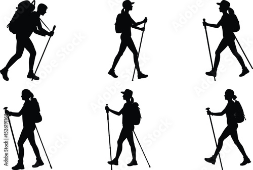 Hiking silhouette set: vector bundle of trekking people isolated on white background