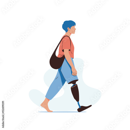 Young person with prosthetic leg confidently walking, casual style and side profile cartoon illustration promoting mobility and disability inclusion
