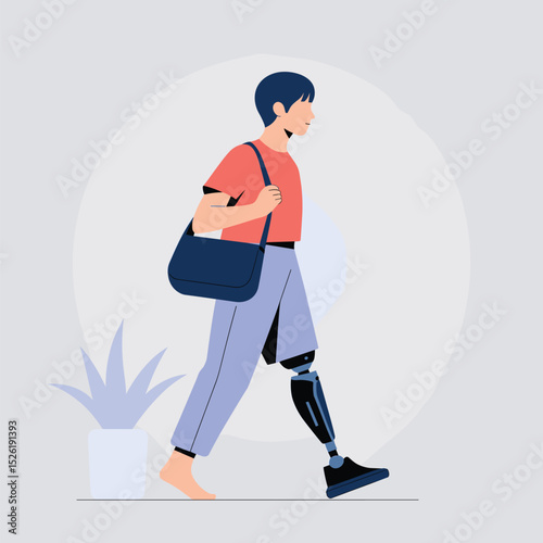 Young person with prosthetic leg confidently walking, casual style and side profile cartoon illustration promoting mobility and disability inclusion
