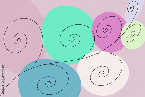 Minimalist trendy abstract background, plant tendrils with multi-colored background, leaves, spirals, doodles