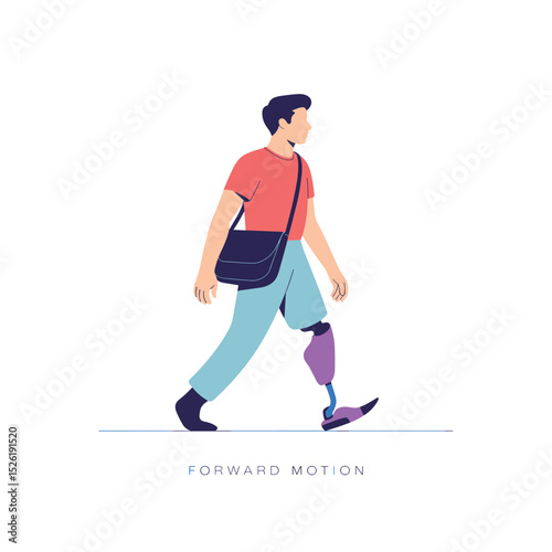 Young person with prosthetic leg confidently walking, casual style and side profile cartoon illustration promoting mobility and disability inclusion
