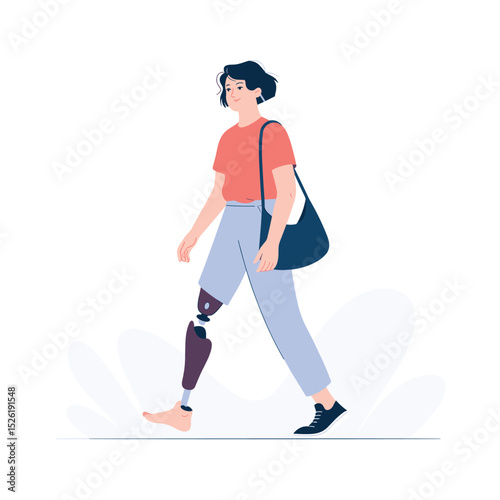 Young person with prosthetic leg confidently walking, casual style and side profile cartoon illustration promoting mobility and disability inclusion
