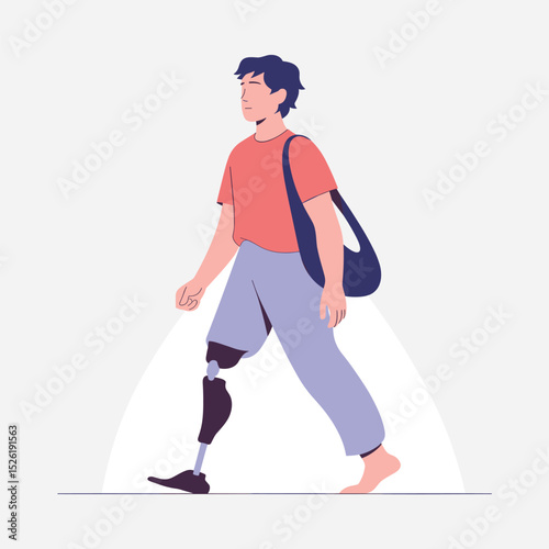 Young person with prosthetic leg confidently walking, casual style and side profile cartoon illustration promoting mobility and disability inclusion
