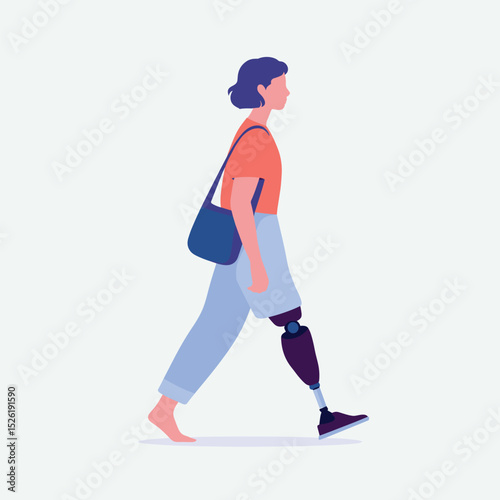Young person with prosthetic leg confidently walking, casual style and side profile cartoon illustration promoting mobility and disability inclusion
