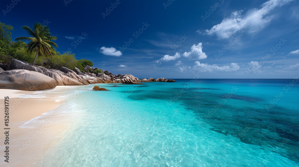 Fototapeta premium Pristine Tropical Beach with Turquoise Waters and Palm Tree