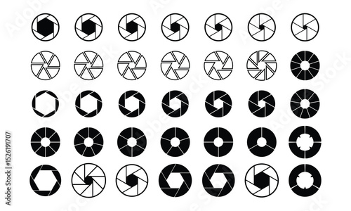 Abstract Black and White Aperture Shapes Collection set. Camera Shutter icon vector set. Camera lens illustration sign collection. diaphragm petals symbol or logo